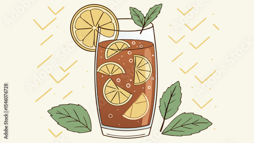 Illustration of a glass filled with iced tea lemon slices and mint leaves on a light background design
