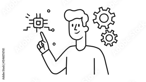 Animated Doodle Character with Microchip and Gear Icons Representing Technology and Innovation