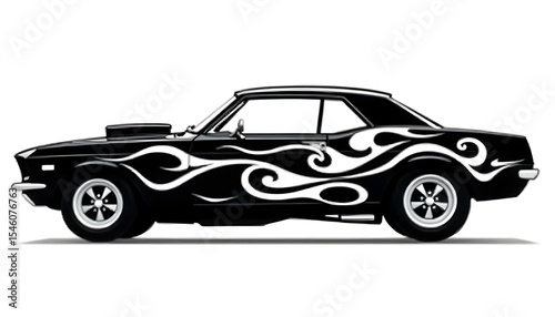 A tribal hotrod muscle car silhouette flame vector graphic.