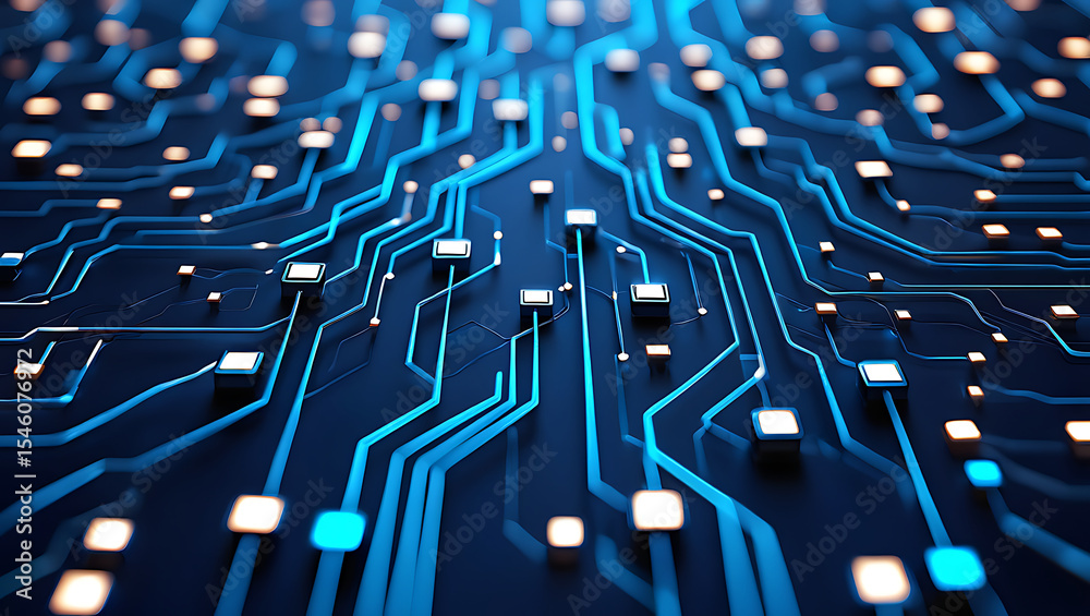 Obraz premium Abstract AI circuit board background. Technology connected blue lines with electronics elements on tech bg. Computer motherboard with a chip, processor, and semiconductor. Digital vector illustration