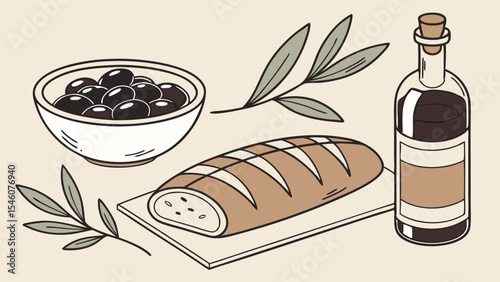 Still life composition featuring olives in a bowl bread on a board olive oil and olive branches