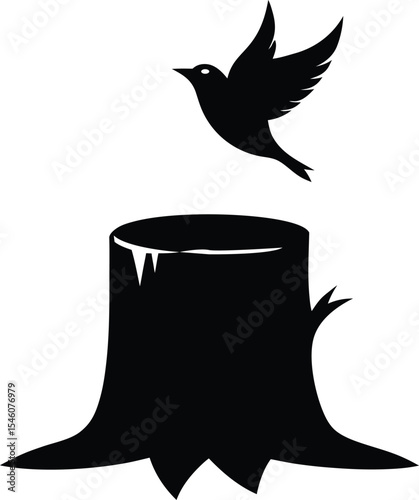 A bird flies above a cut tree stump, symbolizing hope, nature's resilience, freedom, and the impact of deforestation on the environment.