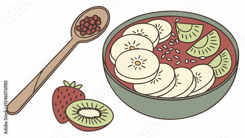 A bowl of smoothie with banana slices and kiwi, accompanied by a spoon of berries and strawberry fruit