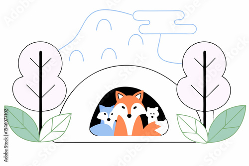 A fox with cubs peeking out of their den in the forest