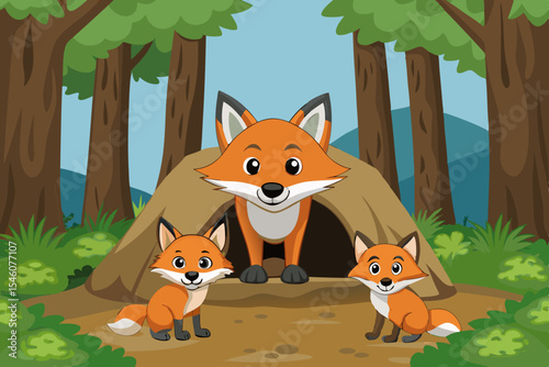 A fox with cubs peeking out of their den in the forest