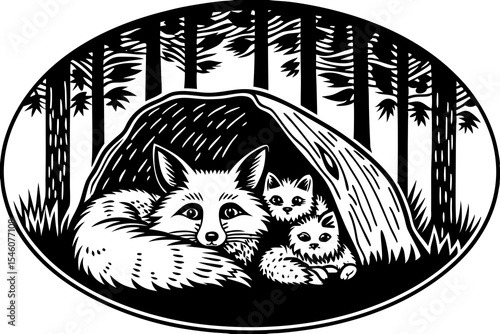 A fox with cubs peeking out of their den in the forest