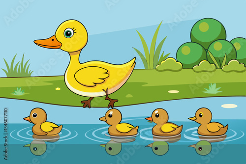 A duck leading a line of fluffy ducklings along a pond