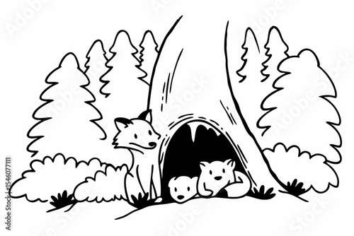 A fox with cubs peeking out of their den in the forest
