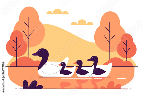 A duck with ducklings crossing a calm pond with reflections