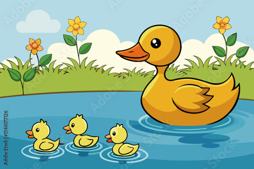 A duck leading a line of fluffy ducklings along a pond