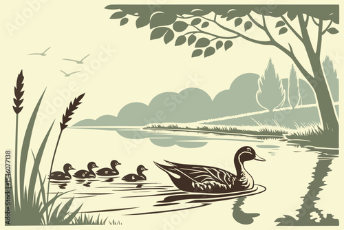 A duck leading a line of fluffy ducklings along a pond