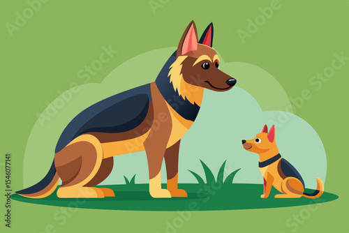 A shepherd dog watching its playful puppy on a green lawn