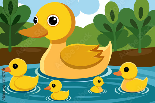 A duck with ducklings crossing a calm pond with reflections