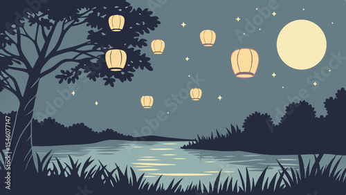 Illustration of a night scene with lanterns floating over a river under a full moon and starry sky