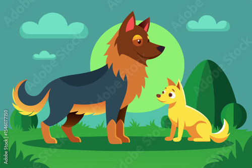 A shepherd dog watching its playful puppy on a green lawn