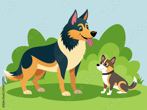 A shepherd dog watching its playful puppy on a green lawn