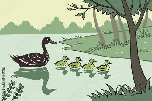 A duck leading a line of fluffy ducklings along a pond