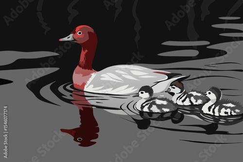 A duck with ducklings crossing a calm pond with reflections