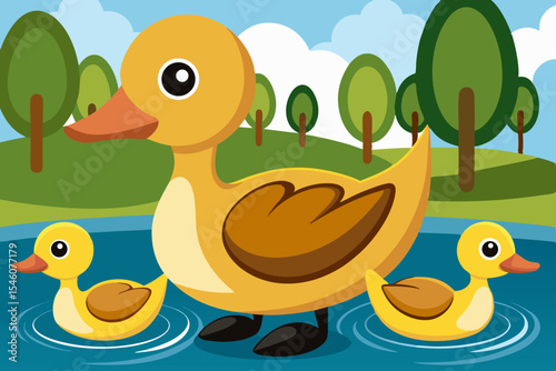 A duck with ducklings crossing a calm pond with reflections