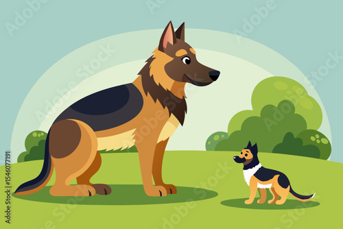 A shepherd dog watching its playful puppy on a green lawn