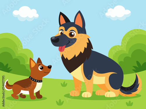 A shepherd dog watching its playful puppy on a green lawn