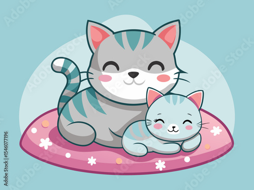 A cat cuddling her kitten on a soft blanket