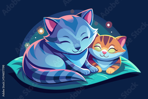 A cat cuddling her kitten on a soft blanket