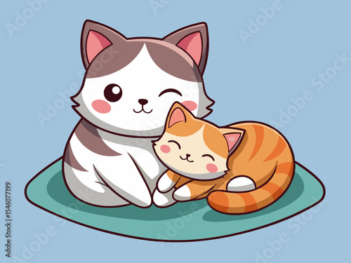 A cat cuddling her kitten on a soft blanket