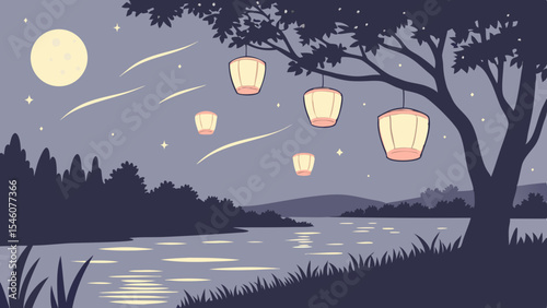 Night scene with lanterns hanging from a tree near a lake under a full moon and shooting stars in the sky
