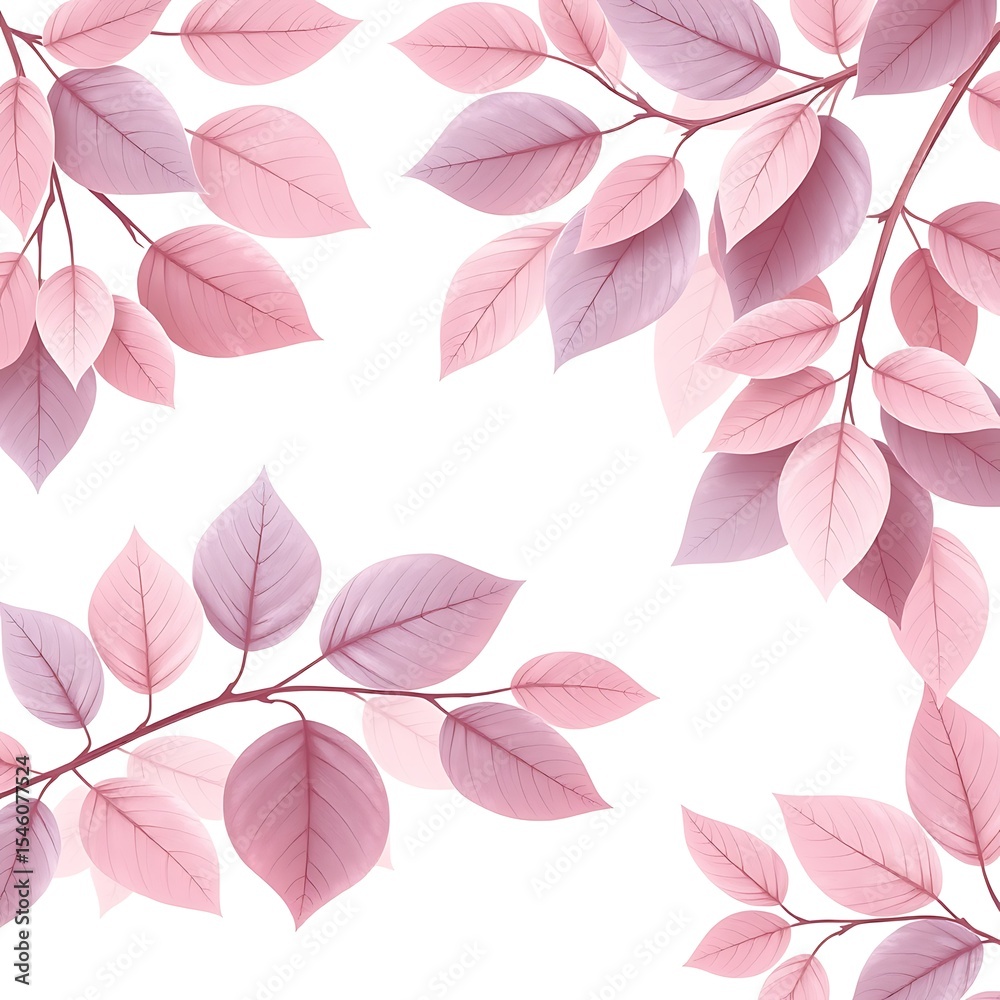 Fototapeta premium Pink and Mauve Leaves Branch Border White Background Botanical Illustration Soft Pastel Colors