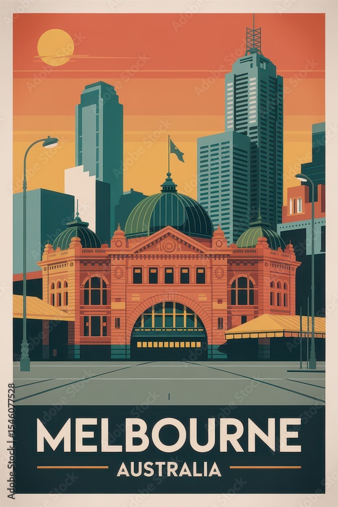 Naklejka premium Vintage Travel Poster of Melbourne Skyline, Australia