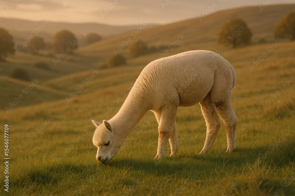 Naklejka premium Fluffy White Alpaca Grazing on Green Hillside at Sunset