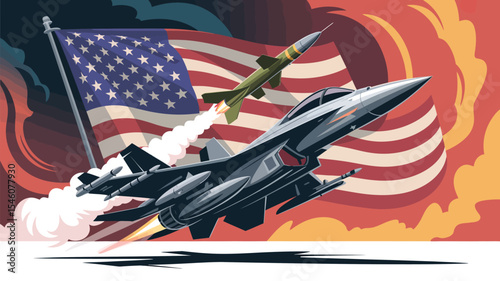 fighter jet and missile soaring past american flag in dramatic skies – symbol of military strength, patriotism, and national defense