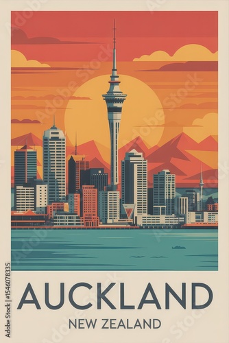 Vintage Travel Poster of Auckland Skyline, New Zealand