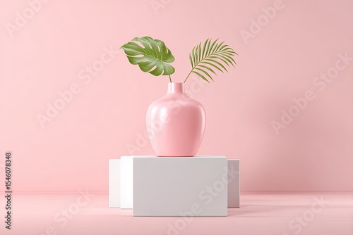 Pink vase with tropical leaves on a white platform against a pink background