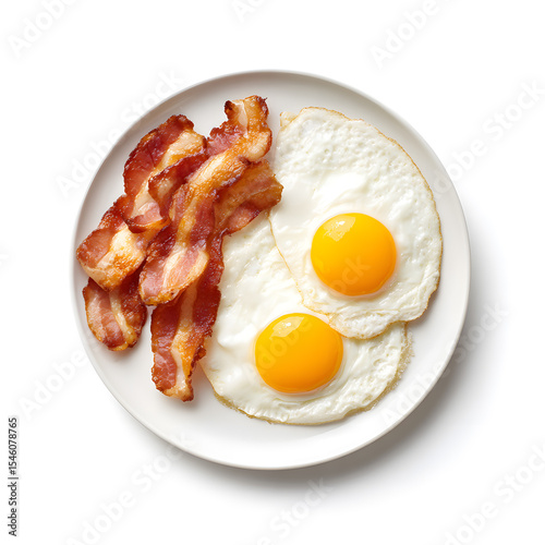 Crispy bacon strips served with two sunny side up fried eggs on a white plate. Classic American breakfast combination, isolated on a white background, ideal for food ads and menus. photo