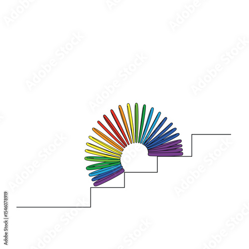 Colorful rainbow toy slinky arching on staircase background  