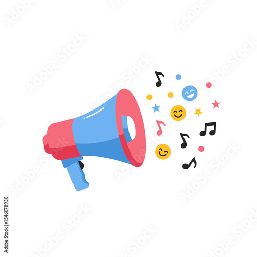 Colorful megaphone with music notes and cheerful icons  