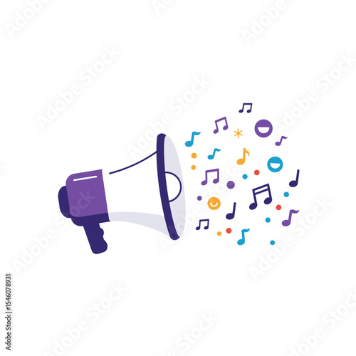 Colorful megaphone with music notes and symbols coming out  