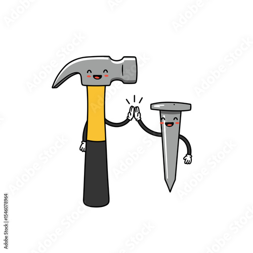 Cartoon hammer and nail giving high five in playful design  