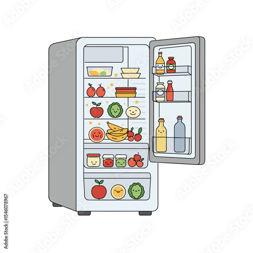 Refrigerator filled with fruits, vegetables, and beverages inside  