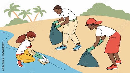 Three people cleaning up trash on a beach near palm trees and water with trash bags and wearing gloves