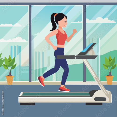 young woman running on a treadmill in a gym