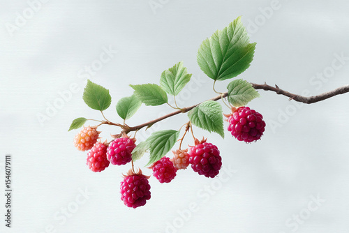 Branch with ripe red raspberries and green leaves on a textured light background. Fresh, natural, and vibrant. Perfect for food, health, or nature related designs.