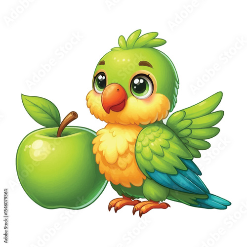 Cute Parrot character With Green Apple Clipart on a white background