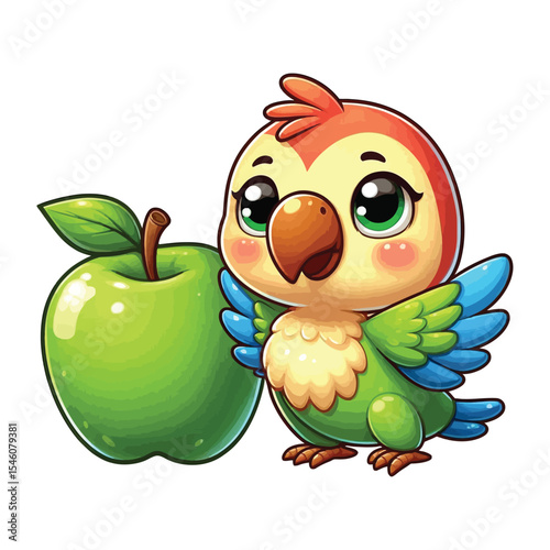 Cute Parrot character With Green Apple Clipart on a white background