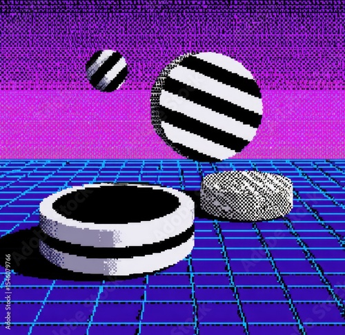 Retro pixel art depicting three black and white striped cylinders levitating above a gridded, purple and blue background; one is smaller and spotted