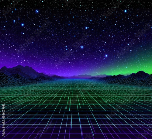 Retro-futuristic landscape of a gridded plain extending to purple and green aurora-lit mountains under a starry night sky