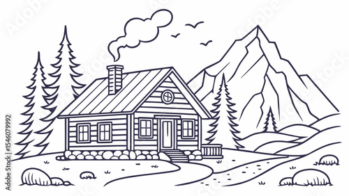 Outlined drawing of a cabin with smoke coming from the chimney trees and a mountain in the background