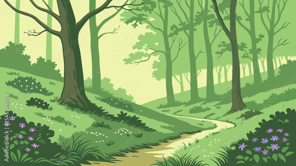 Illustration of a winding path through a green forest with various trees and lush vegetation in the scene